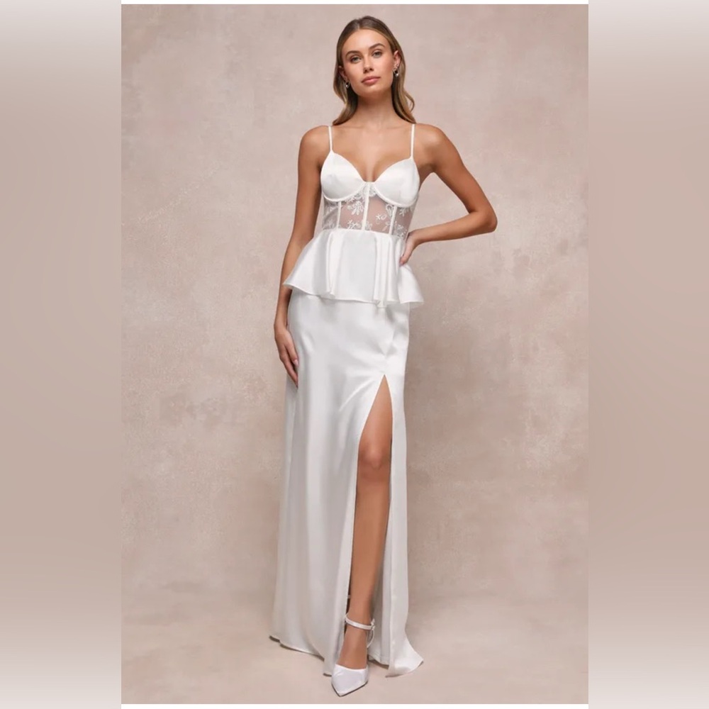 Lulus White Satin Gown with Lace Bodice